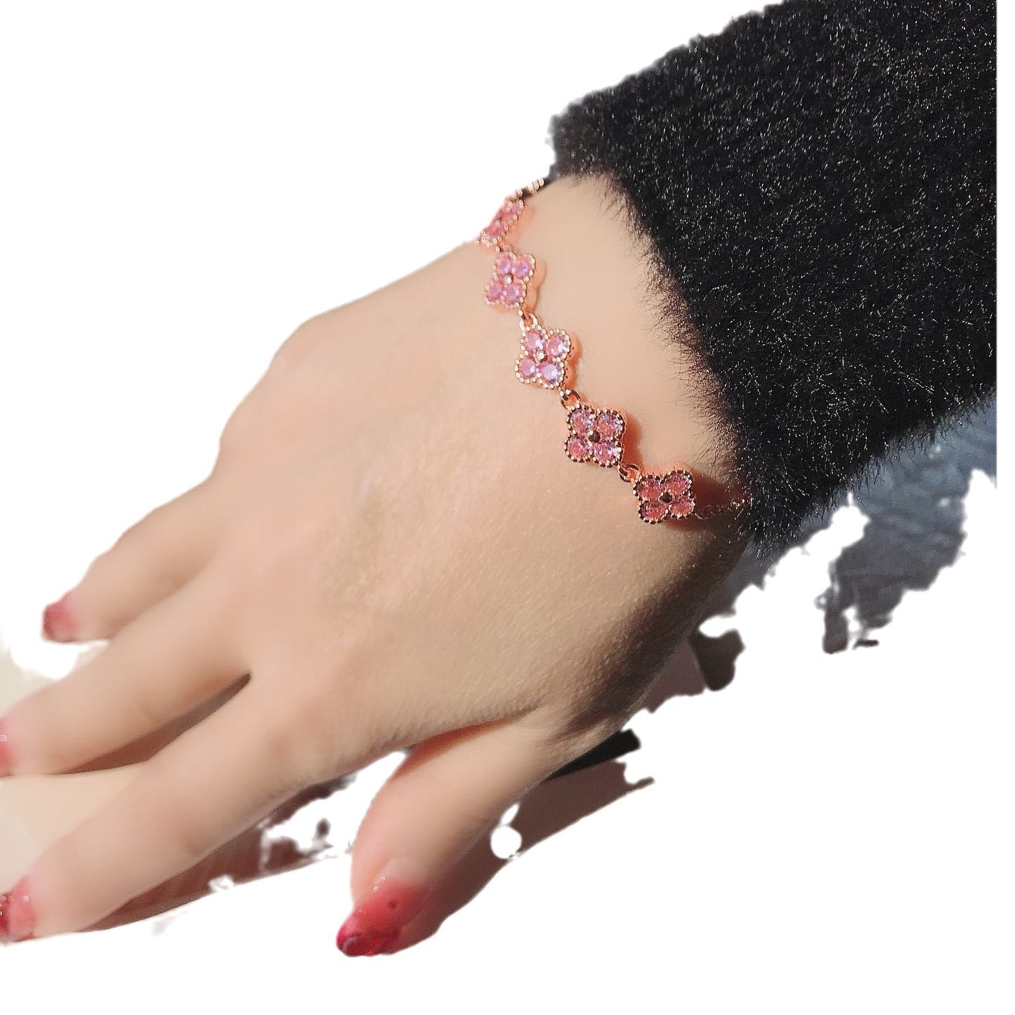 Four-leaf clover colored gemstone zircon electroplating 18k simple cherry blossom pink fashion bracelet
