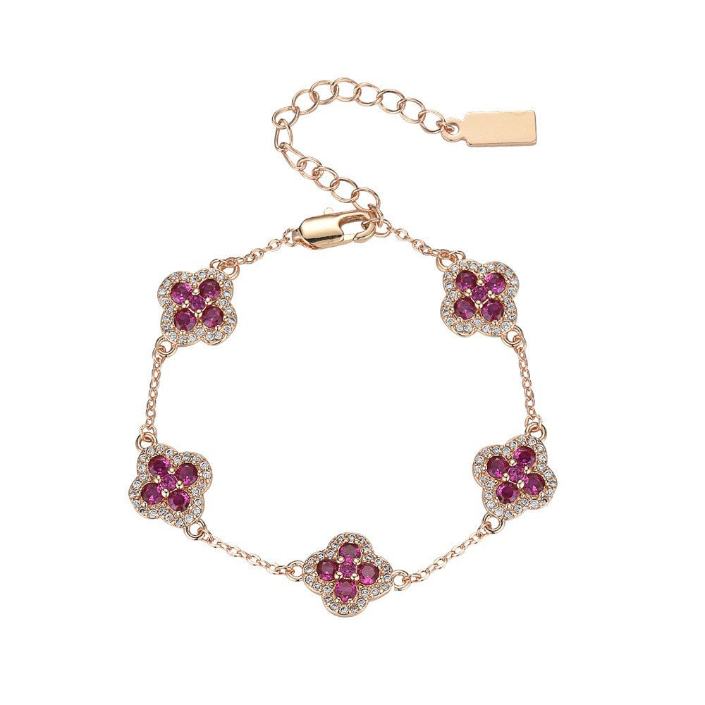 French retro rose red four-leaf flower bracelet