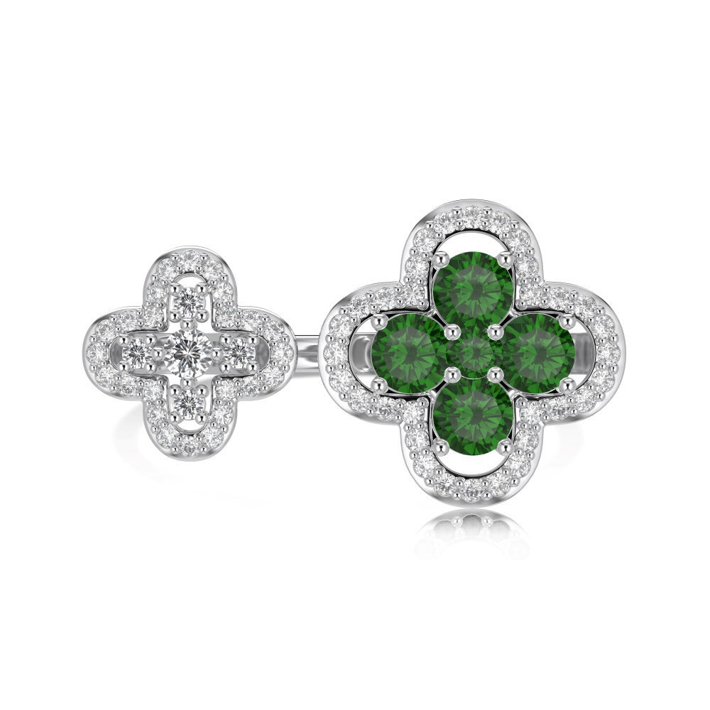 925 Sterling Silver Green Gem Clover Open Ring