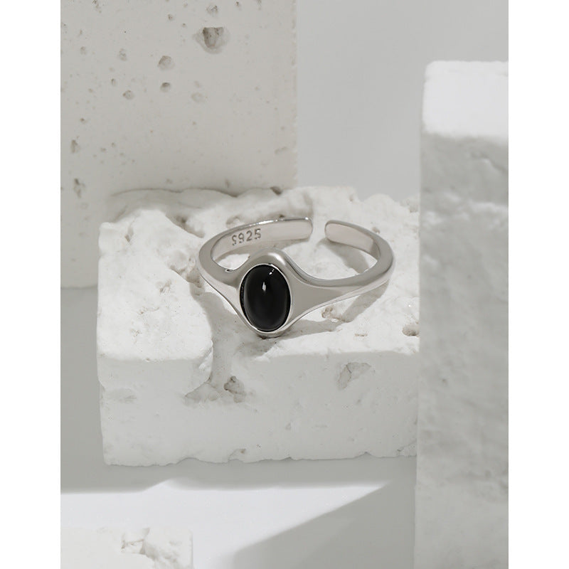 925 Sterling Silver Oval Black Stone Ring