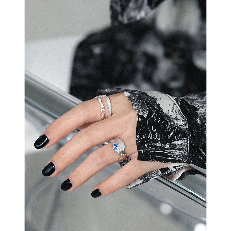 Textured Silver Open Ring with Blue Gems