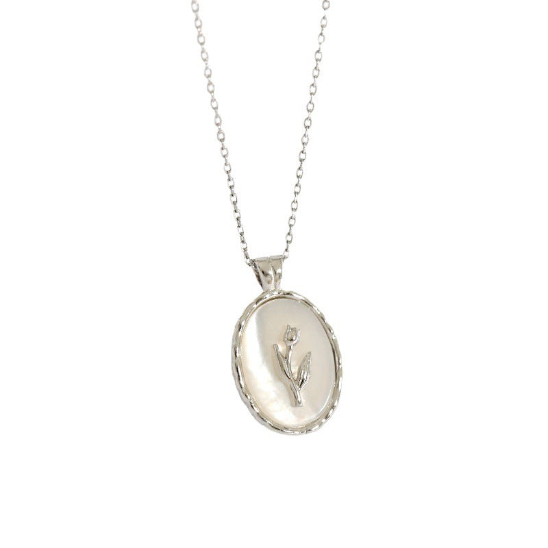 925 Sterling Silver Oval Shell Flower Pendant Necklace