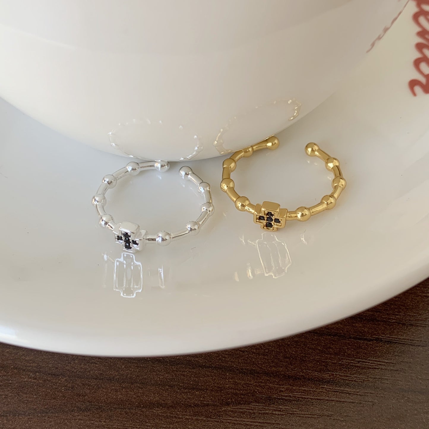 Minimalist Beaded Open Ring with Clover Accent