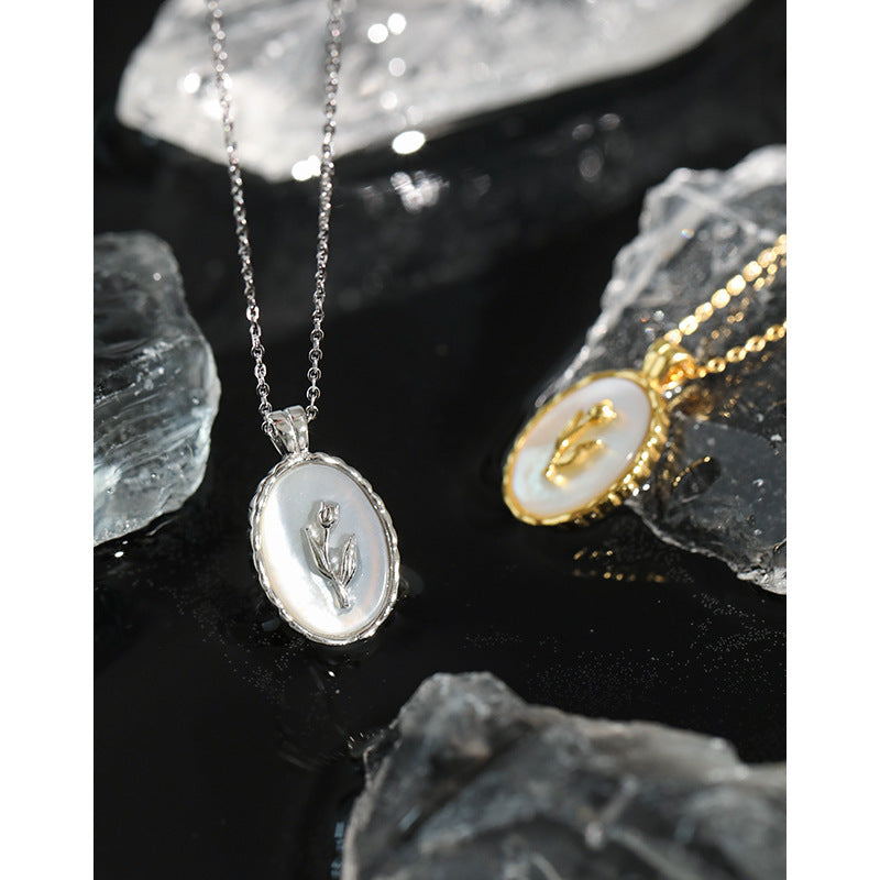 925 Sterling Silver Oval Shell Flower Pendant Necklace