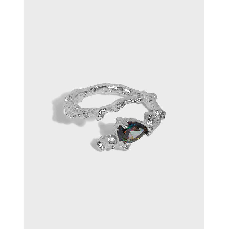 Textured Silver Ring with Iridescent Gem