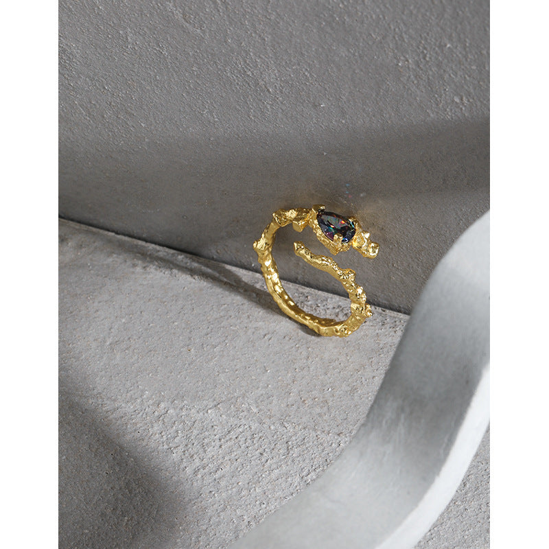 Textured Silver Ring with Iridescent Gem