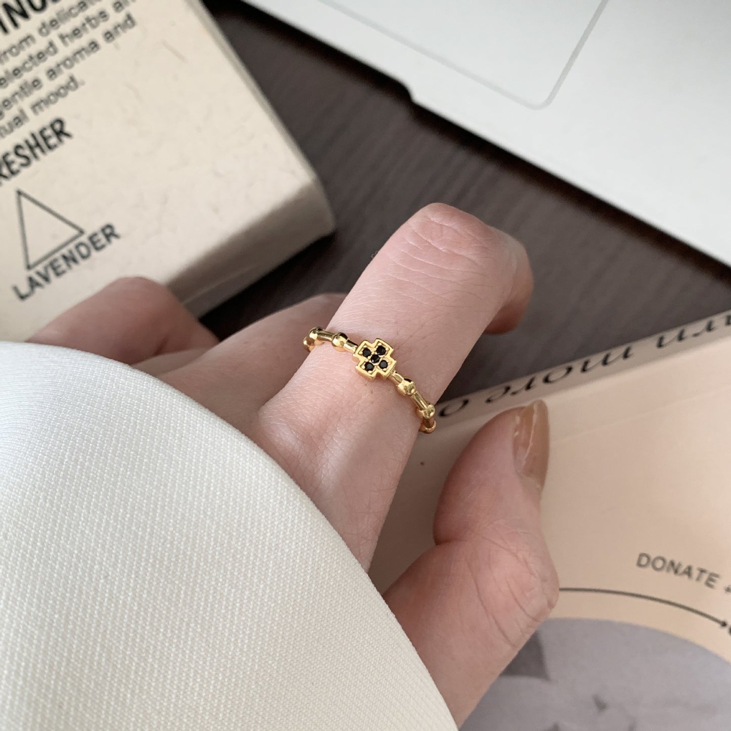 Minimalist Beaded Open Ring with Clover Accent