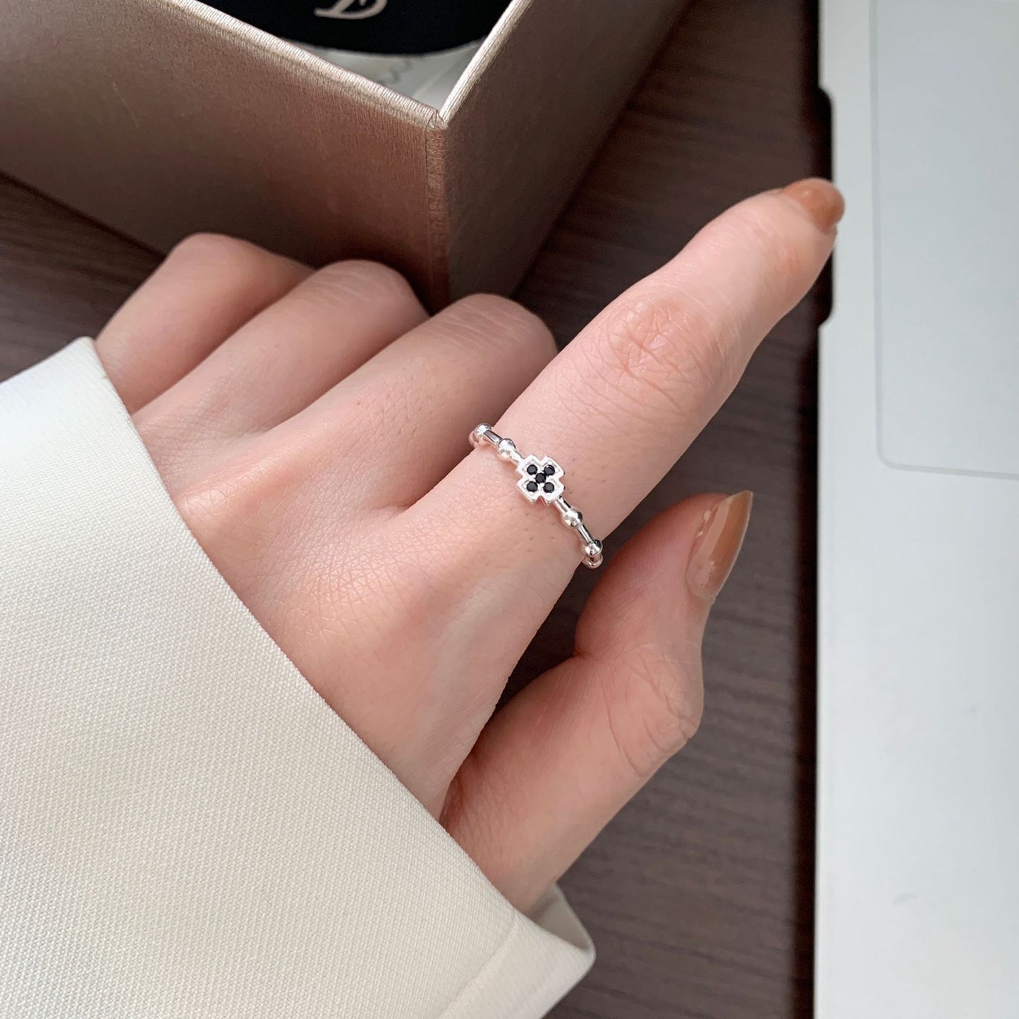 Minimalist Beaded Open Ring with Clover Accent