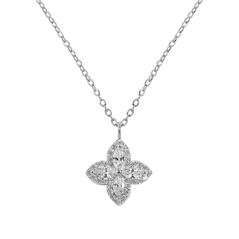 925 Sterling Silver Clover - Shaped Zircon Pendant Necklace