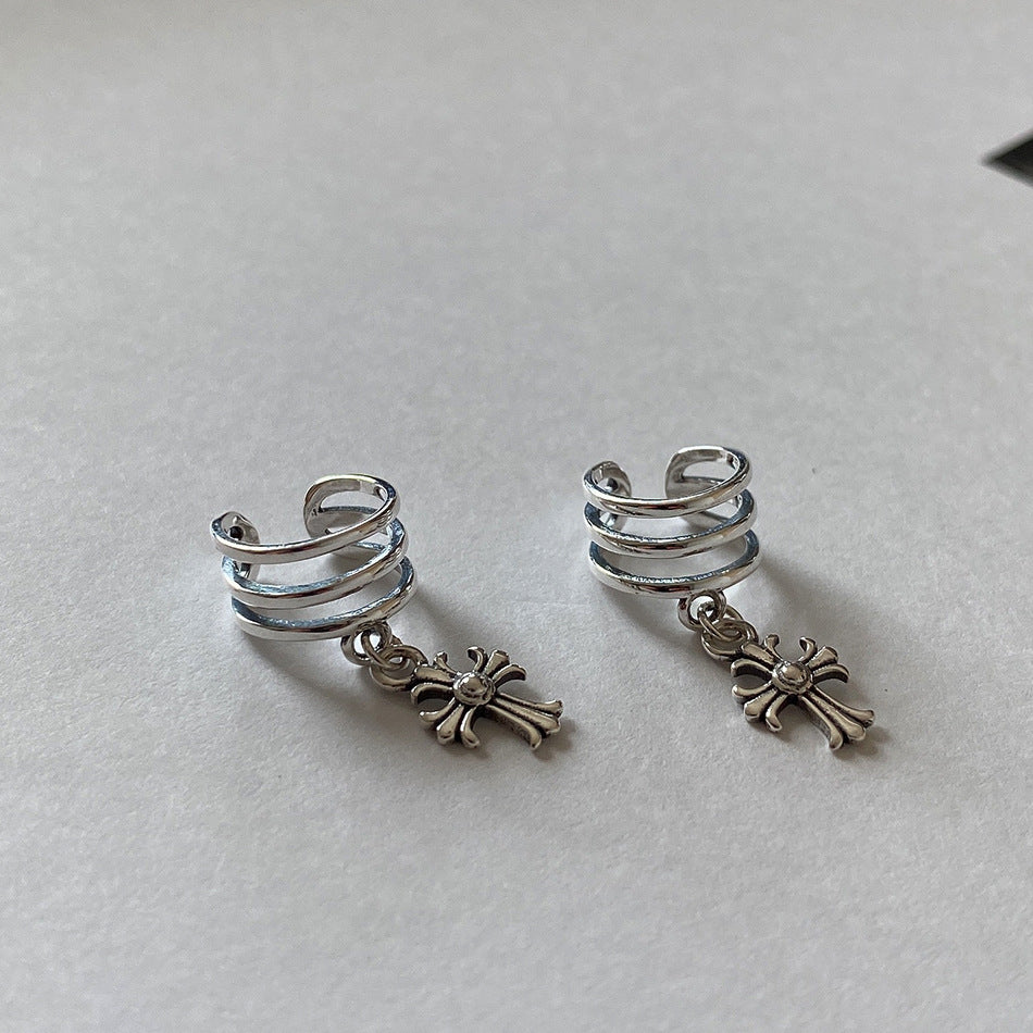 Stacked Silver Ear Cuffs with Cross Charms | Edgy US Street Style