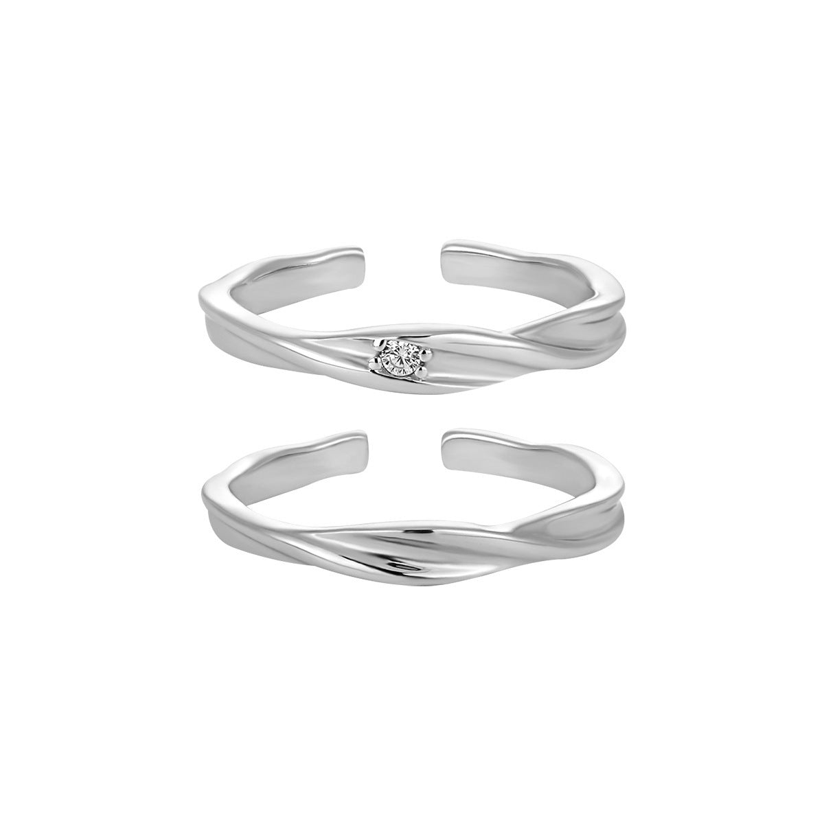 Couple's Twisted Silver Open Rings with Diamond