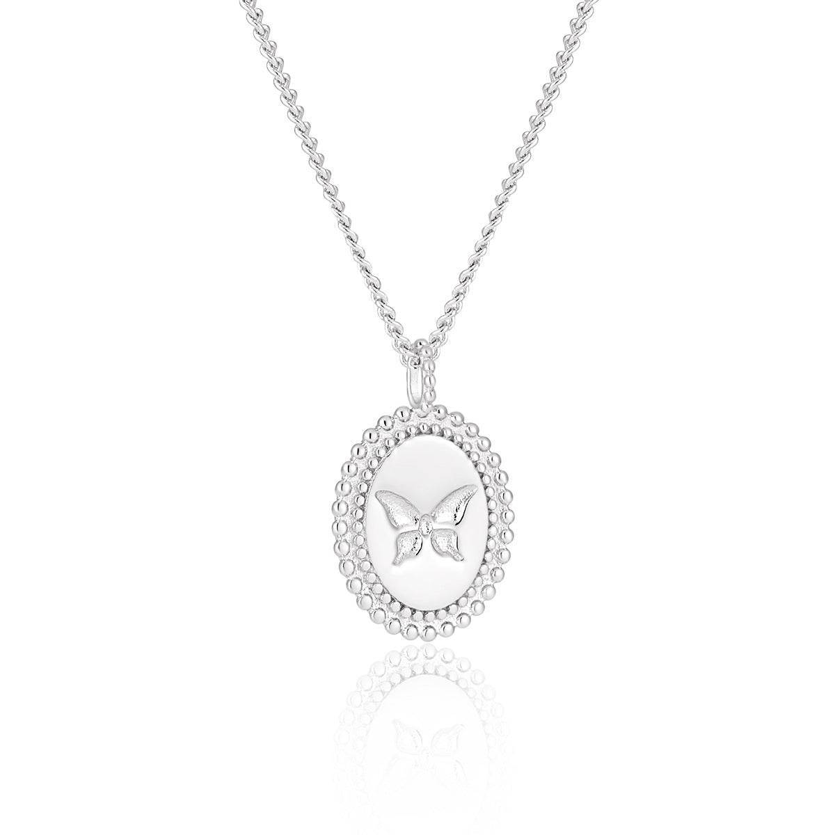 925 Sterling Silver Beaded Oval Butterfly Necklace