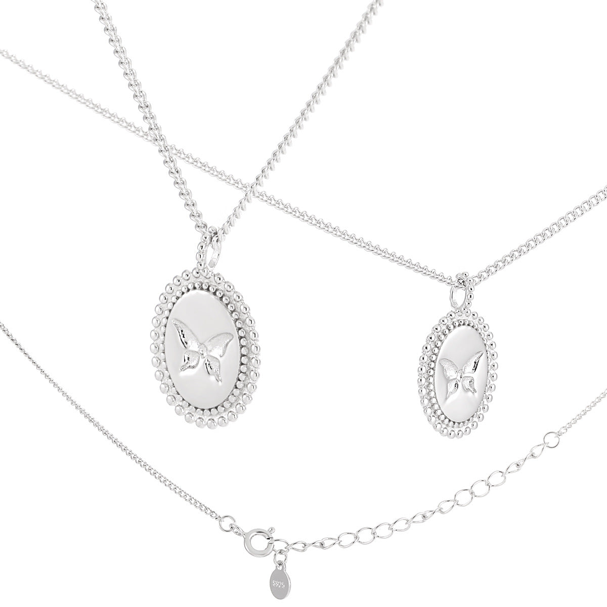 925 Sterling Silver Beaded Oval Butterfly Necklace