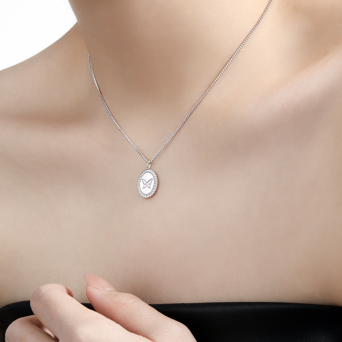 925 Sterling Silver Beaded Oval Butterfly Necklace