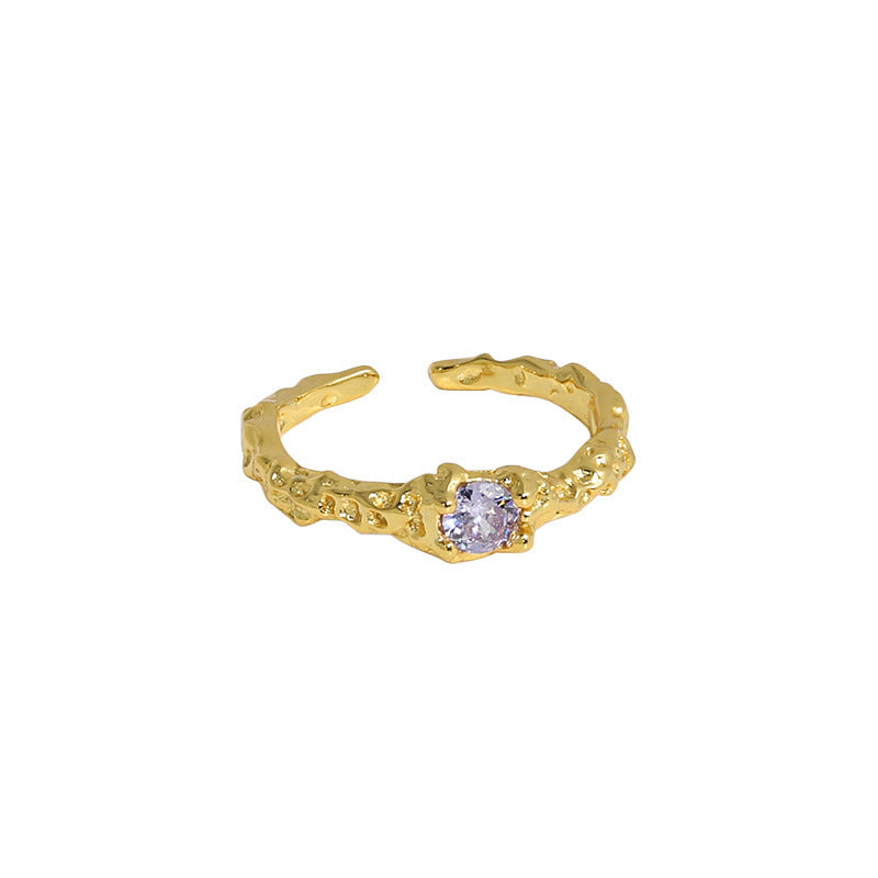 925 Sterling Silver Irregular Open Ring with Purple Zircon