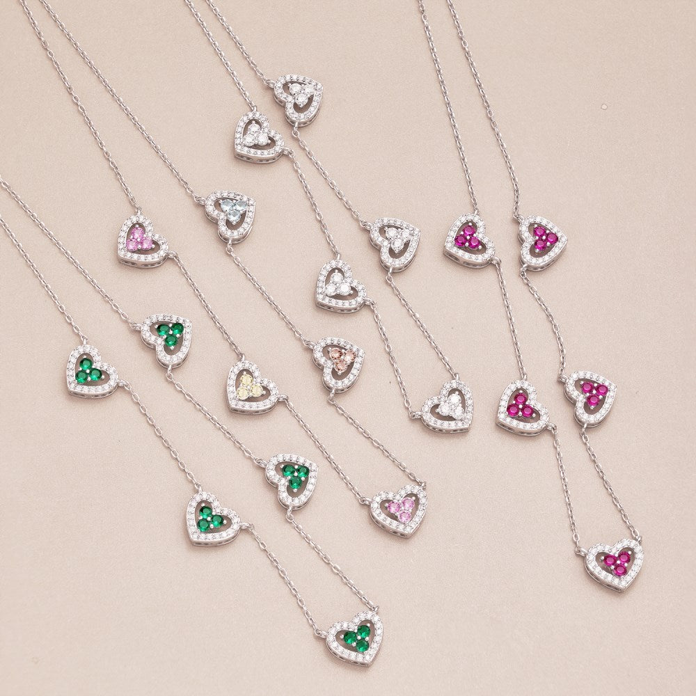 925 Sterling Silver Colorful Heart - Shaped Necklace