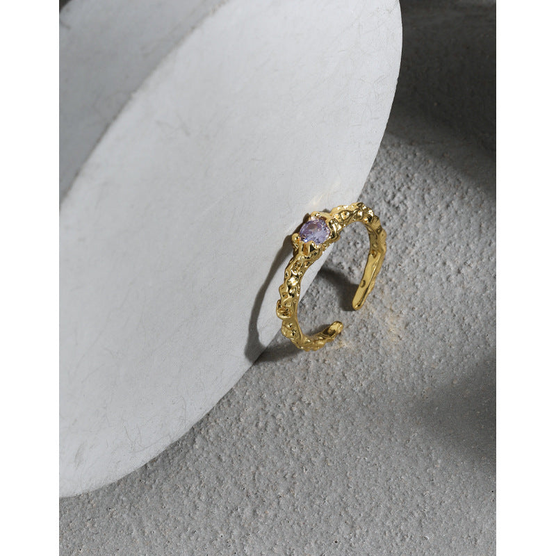 925 Sterling Silver Irregular Open Ring with Purple Zircon