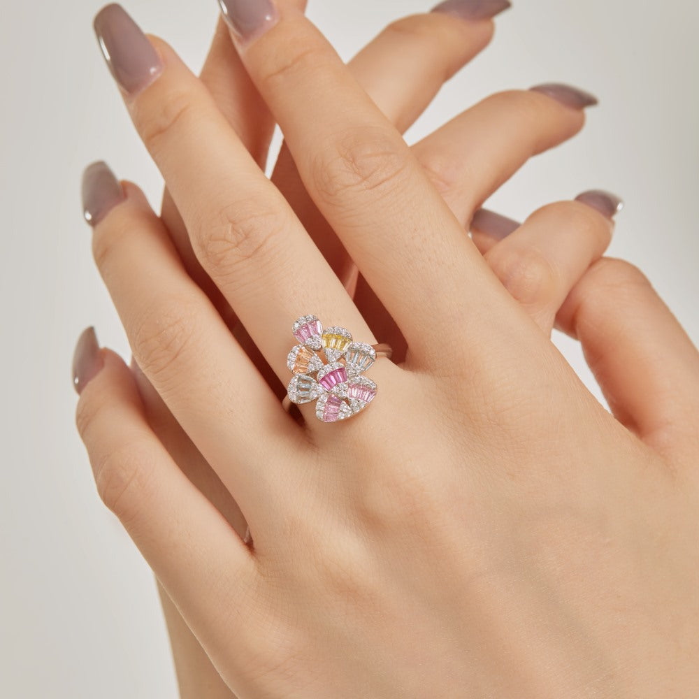 925 Sterling Silver Colorful Gemstone Flower Ring