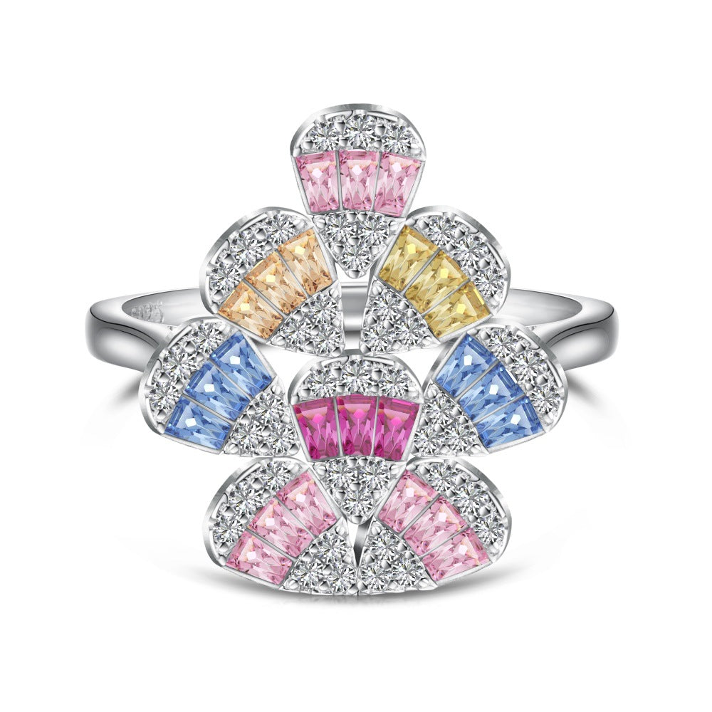 925 Sterling Silver Colorful Gemstone Flower Ring