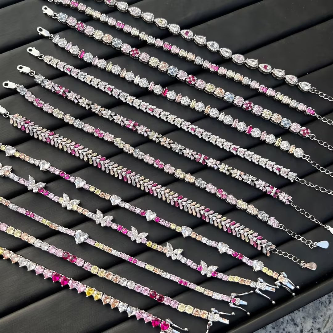 925 Sterling Silver Colorful Diamond Bracelet Set