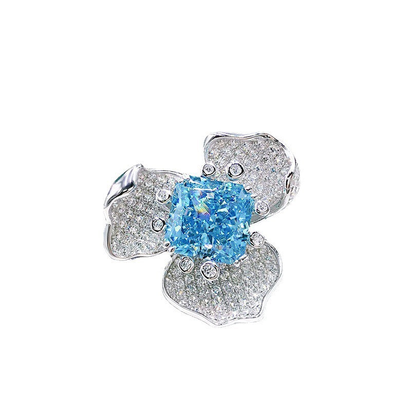 S925 Silver Aquamarine Full Diamond Flower Ring