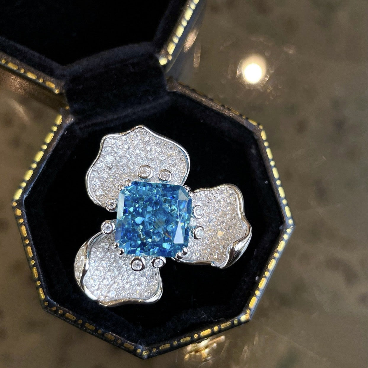 S925 Silver Aquamarine Full Diamond Flower Ring