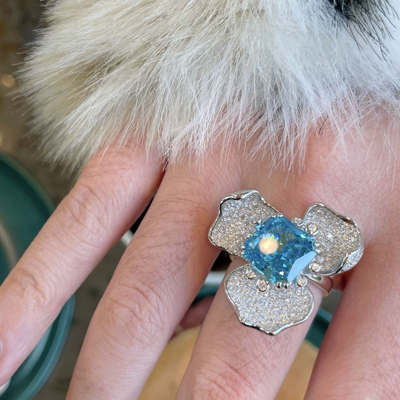 S925 Silver Aquamarine Full Diamond Flower Ring