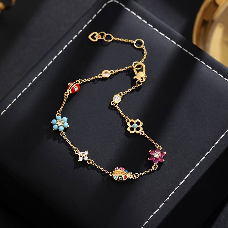 Pastoral style light luxury commuter inlaid zircon enamel ladybug flower bracelet necklace