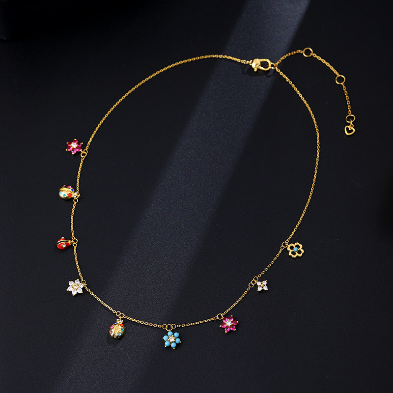 Pastoral style light luxury commuter inlaid zircon enamel ladybug flower bracelet necklace