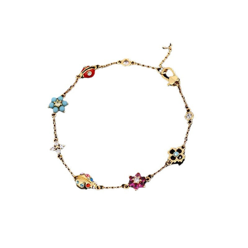 Pastoral style light luxury commuter inlaid zircon enamel ladybug flower bracelet necklace