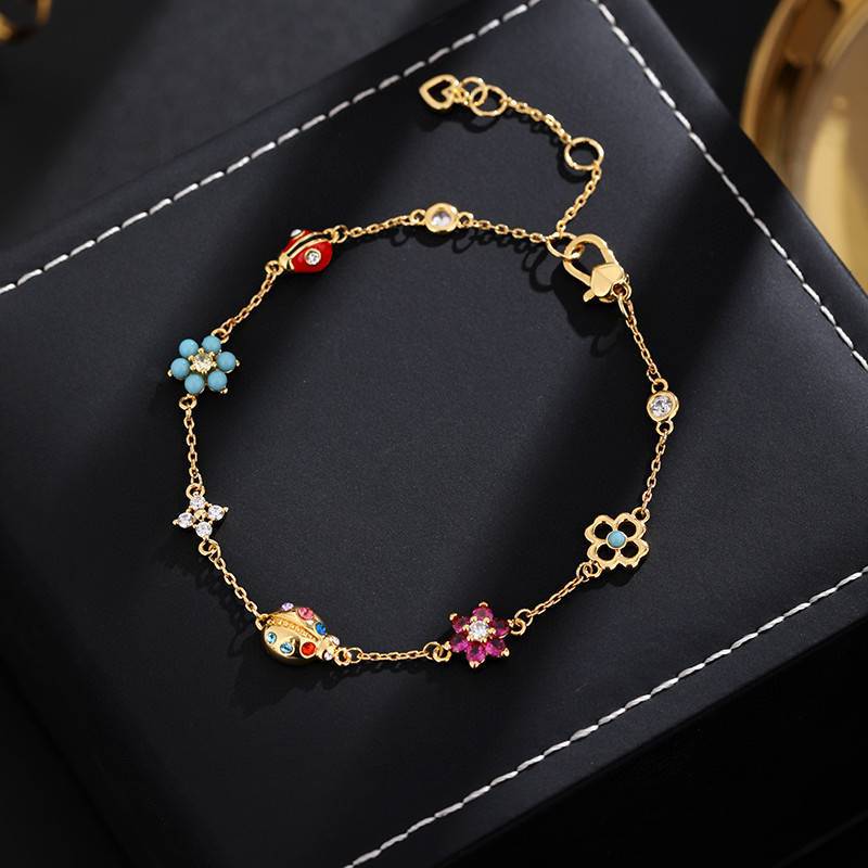 Pastoral style light luxury commuter inlaid zircon enamel ladybug flower bracelet necklace