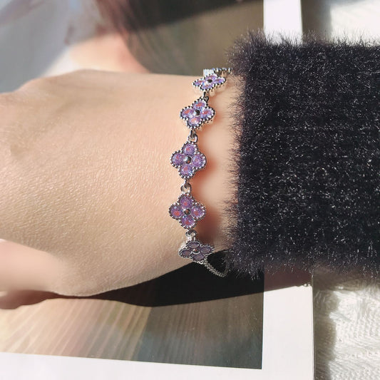 Four-leaf clover colored gemstone zircon electroplating 18k simple cherry blossom pink fashion bracelet
