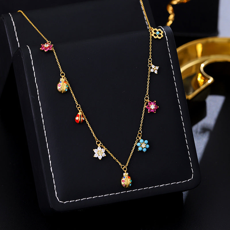 Pastoral style light luxury commuter inlaid zircon enamel ladybug flower bracelet necklace