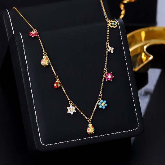 Pastoral style light luxury commuter inlaid zircon enamel ladybug flower bracelet necklace
