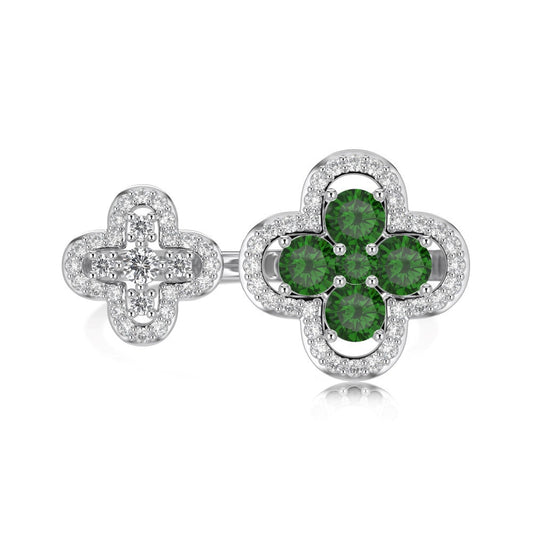 925 Sterling Silver Green Gem Clover Open Ring