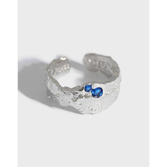 Textured Silver Open Ring with Blue Gems