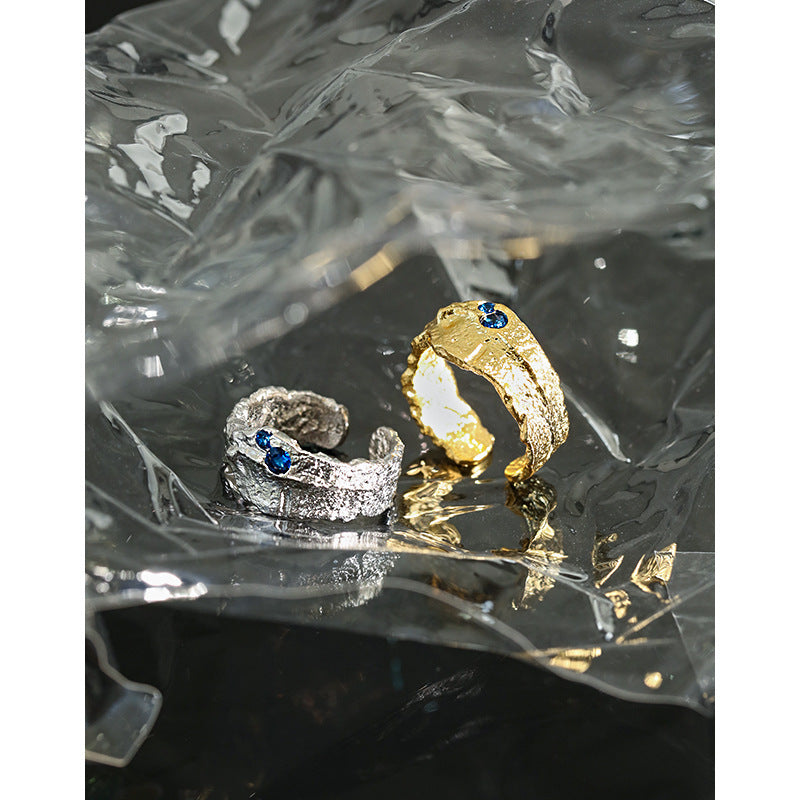 Textured Silver Open Ring with Blue Gems