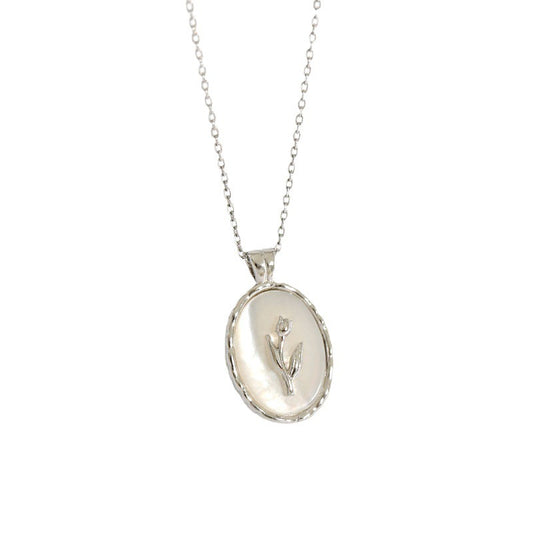 925 Sterling Silver Oval Shell Flower Pendant Necklace