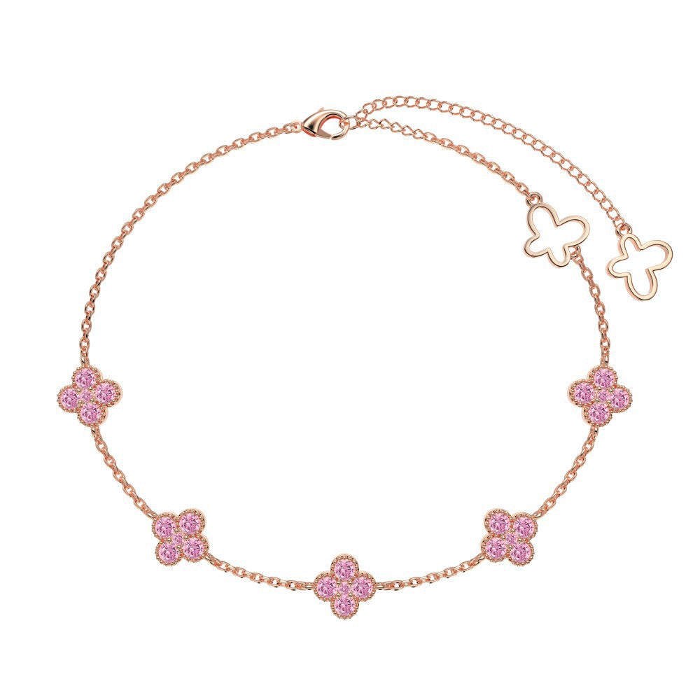 S925 pure silver Rose Gold - Plated Clover Bracelet with Pink Gems