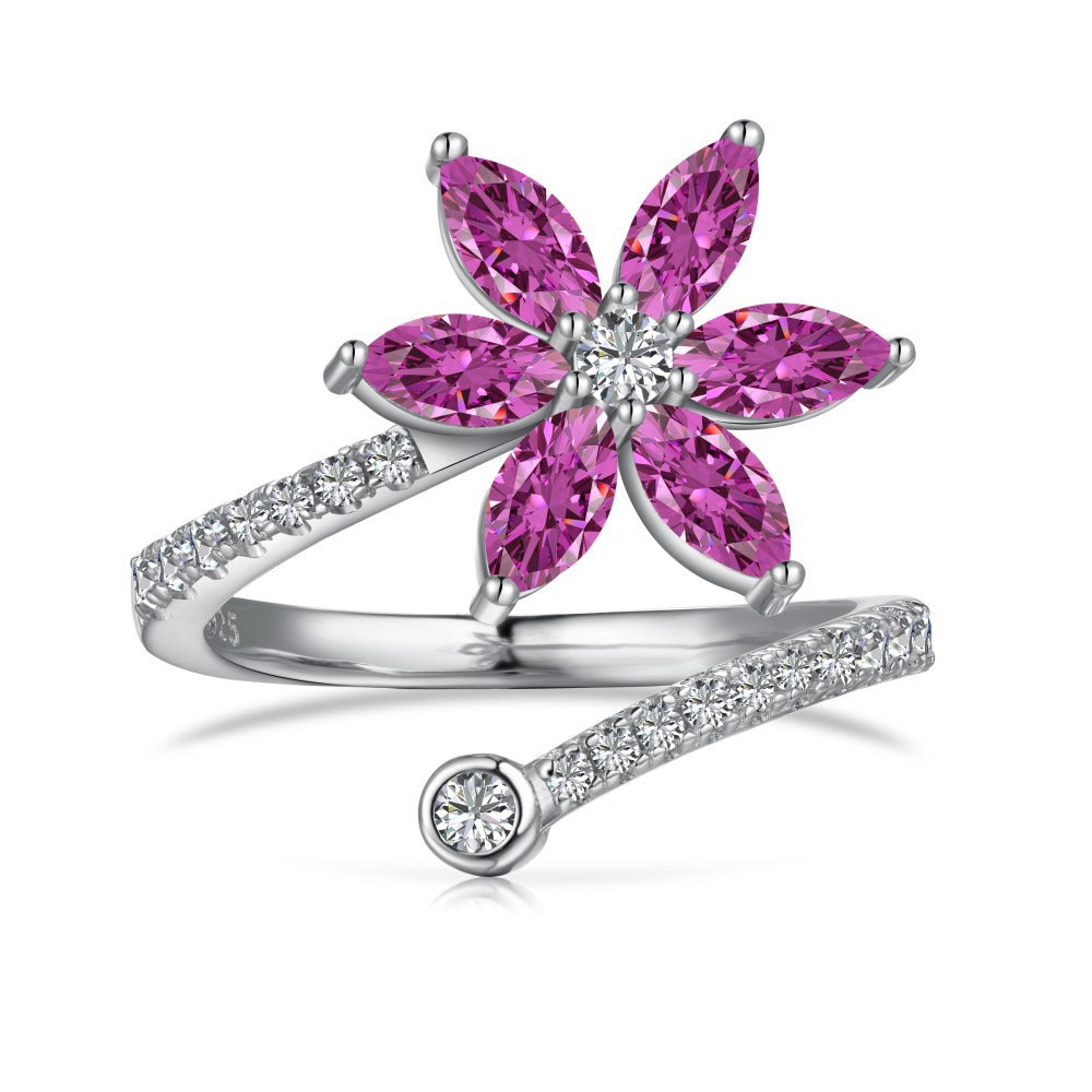 925 Sterling Silver Pink Gem Flower Ring Set