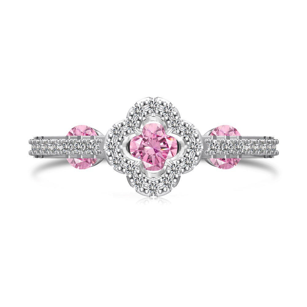 925 Sterling Silver Pink Gem Flower Ring Set