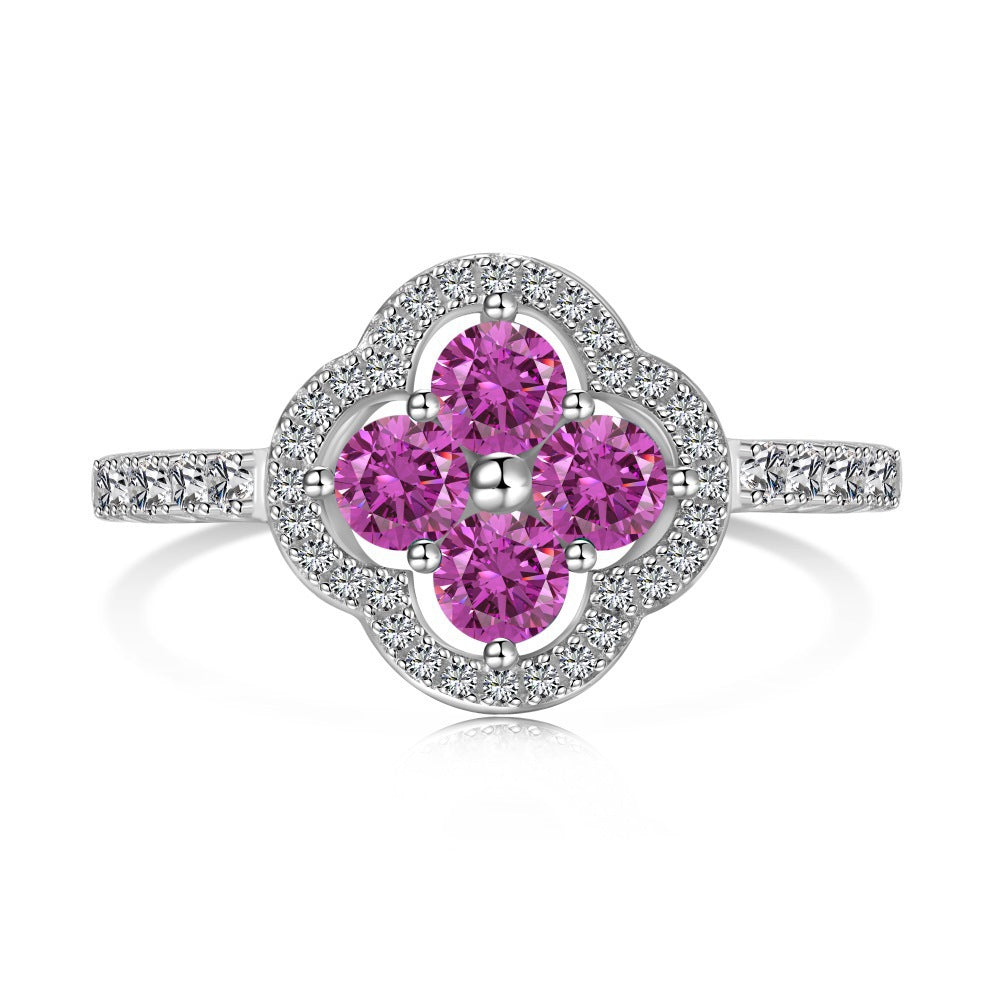 925 Sterling Silver Pink Gem Flower Ring Set
