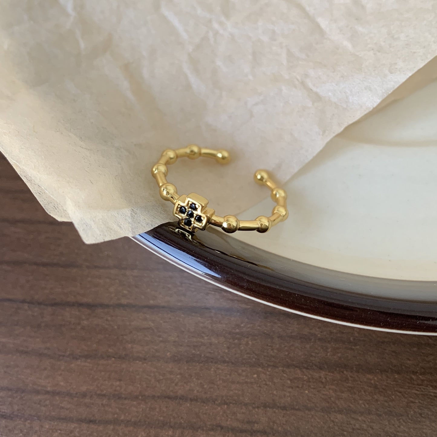 Minimalist Beaded Open Ring with Clover Accent