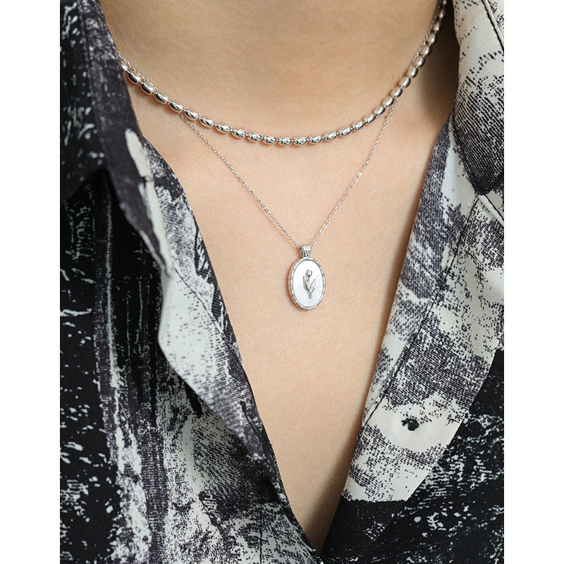 925 Sterling Silver Oval Shell Flower Pendant Necklace