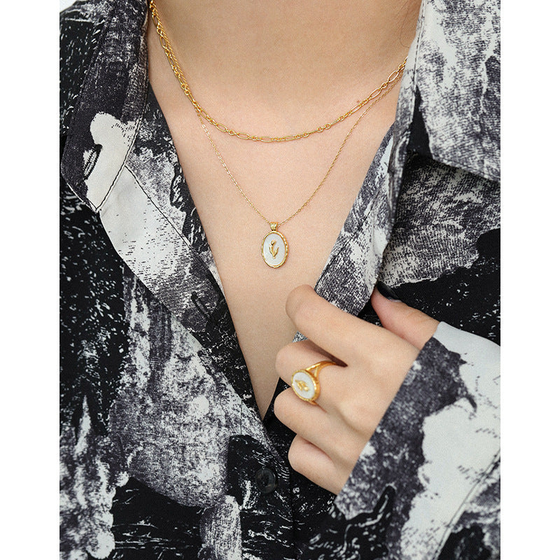 925 Sterling Silver Oval Shell Flower Pendant Necklace
