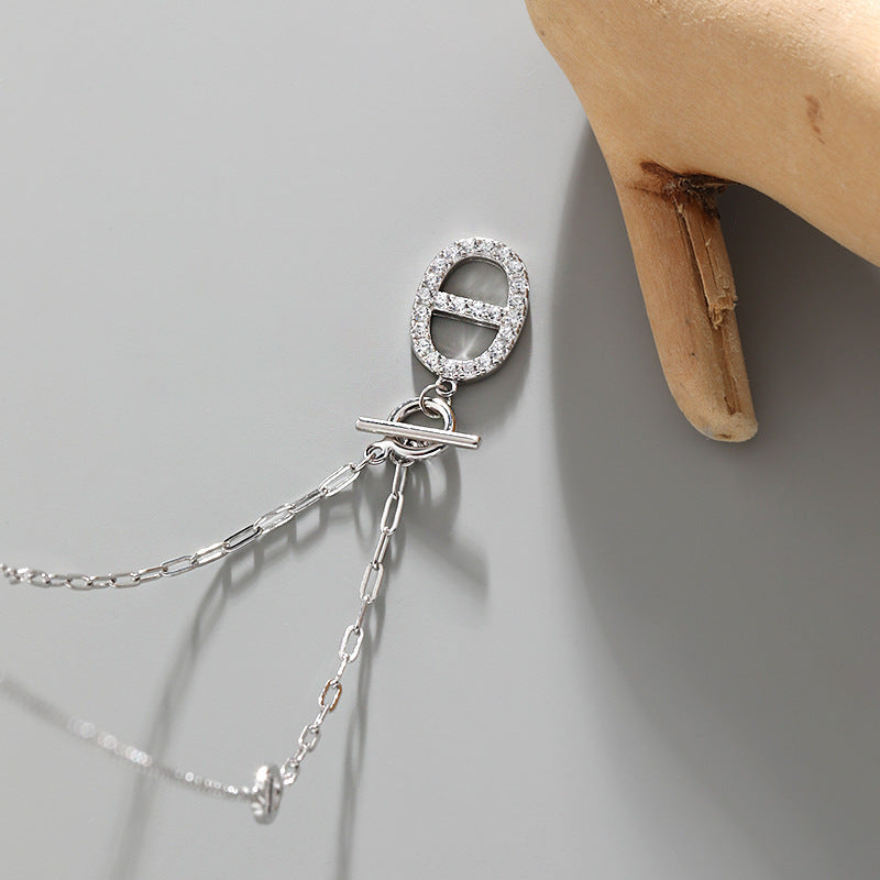 Sparkling Oval Toggle Silver Necklace