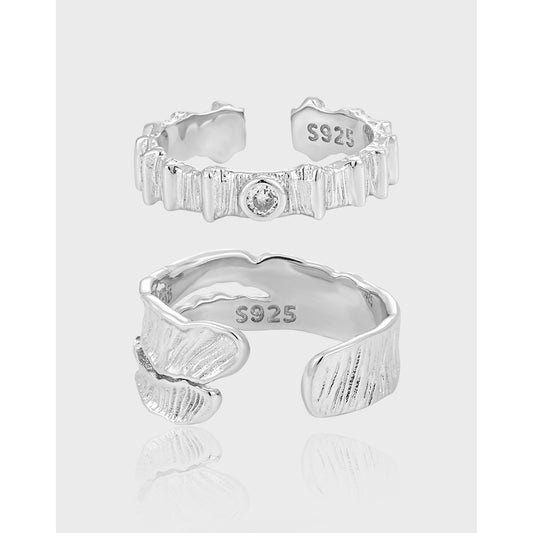 Couple's Textured Silver Open Rings with Diamond