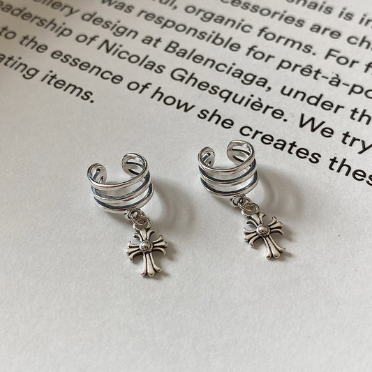 Stacked Silver Ear Cuffs with Cross Charms | Edgy US Street Style