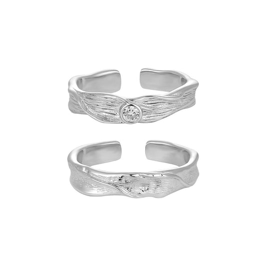 Couple's Textured Silver Open Rings with Diamond