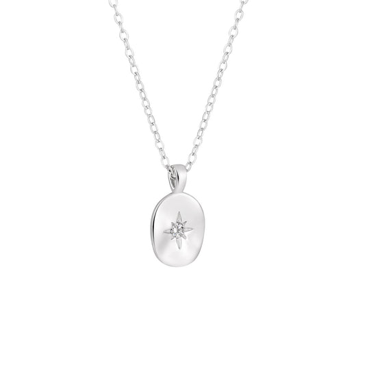 925 Sterling Silver Star - Inlaid Oval Pendant Necklace